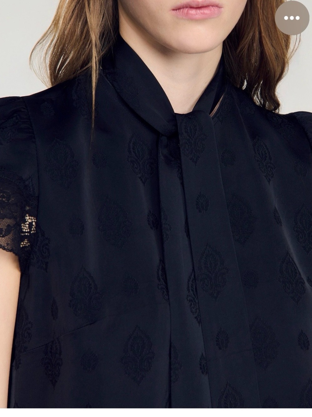 Sandro Hannah Black Lace-Trim Tie-Neck Crop Blouse - Picture 3 of 6